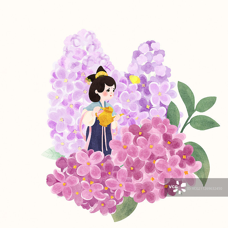 节气小满在紫丁香花中给花浇水的唐朝美人图片素材