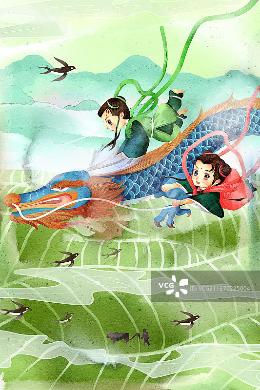 中国风中国传统节日可爱的仙童二月二龙抬头玩耍插画图片素材