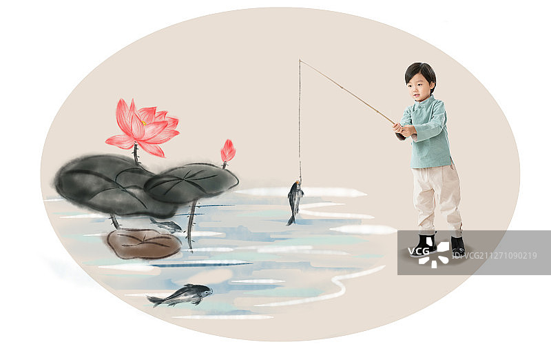 小男孩户外钓鱼图片素材