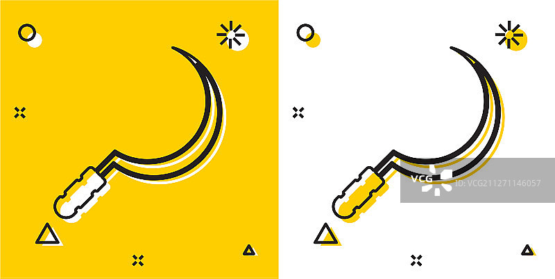黑色镰刀状图标孤立在黄色和白色上图片素材