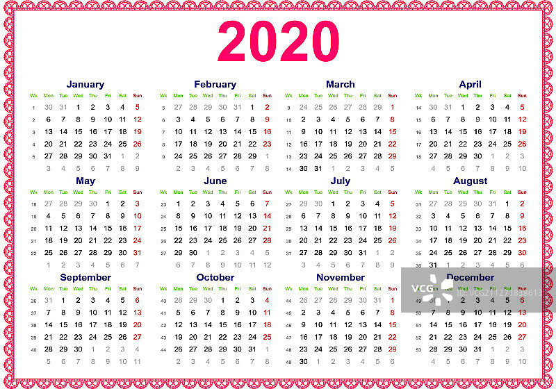 日历网格2020年与蕾丝框架图片素材