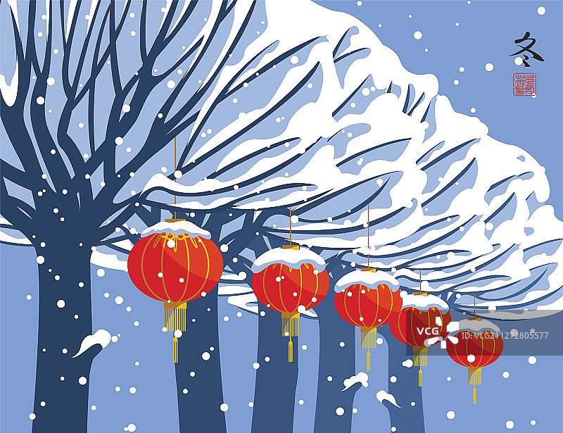 冬天的风景有树和红色的纸灯笼图片素材