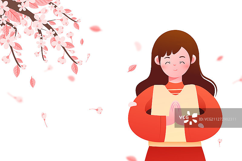 祈祷祈福少女祝福樱花背景矢量插画图片素材