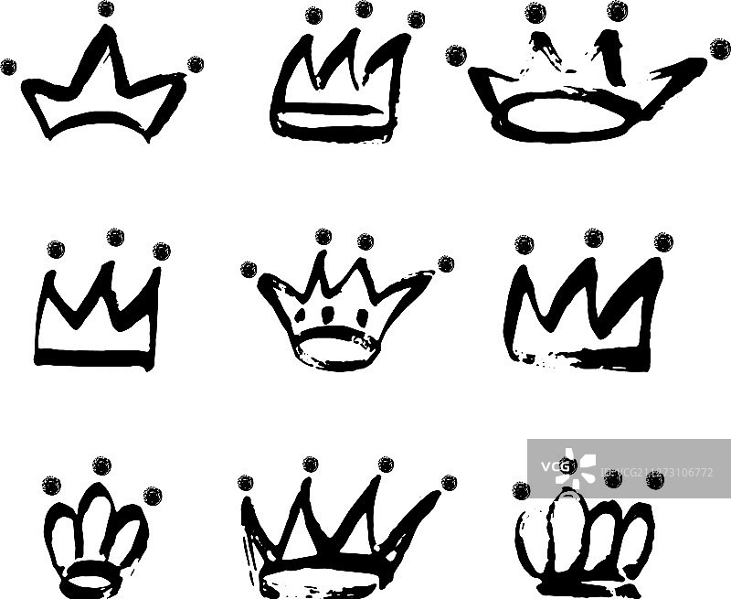 手绘皇冠图标设置在黑色墨水图片素材