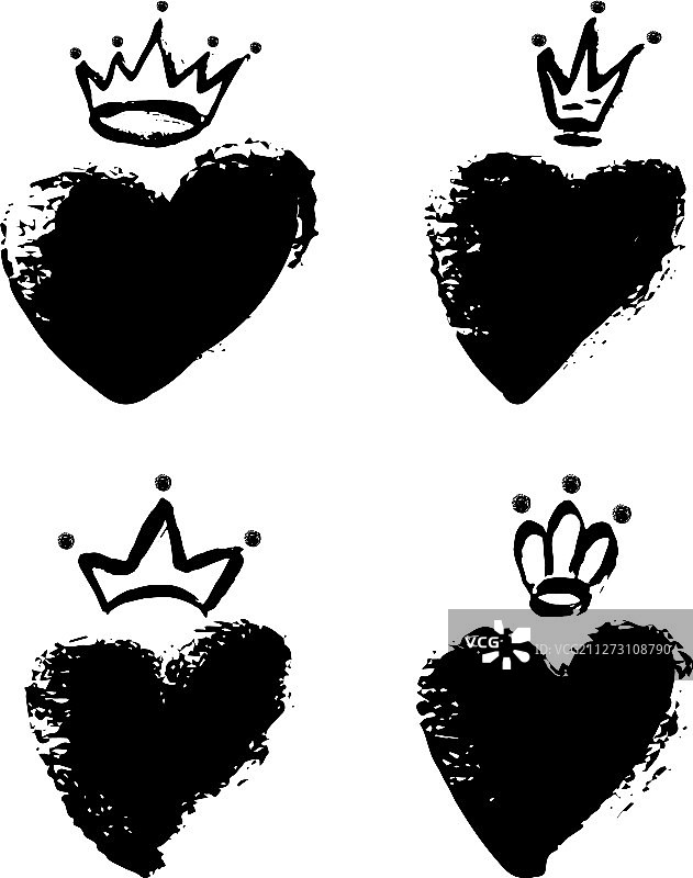 手绘皇冠和心脏图标设置在黑色图片素材