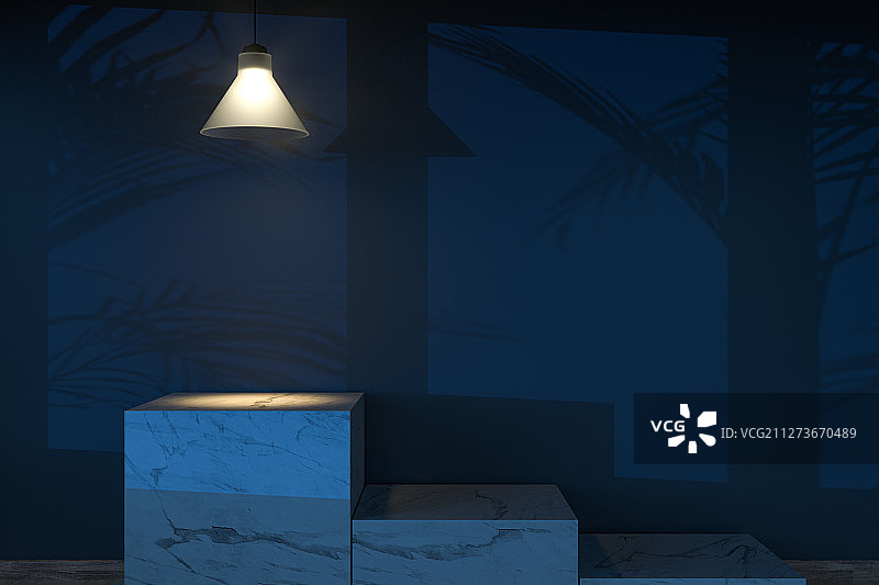 夜晚室内的吊灯与置物台 三维渲染图片素材