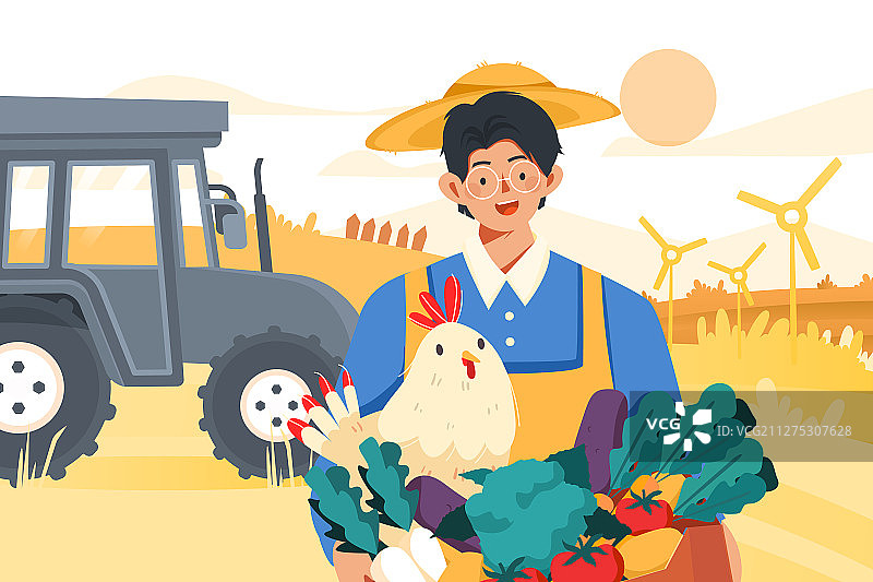 卡通农民工人五一劳动节购物美食鸡肉蔬果篮子农场风景矢量插画图片素材