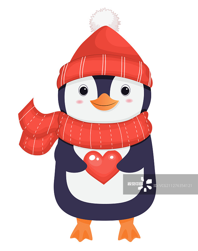 可爱的企鹅戴着红围巾和心形帽子图片素材