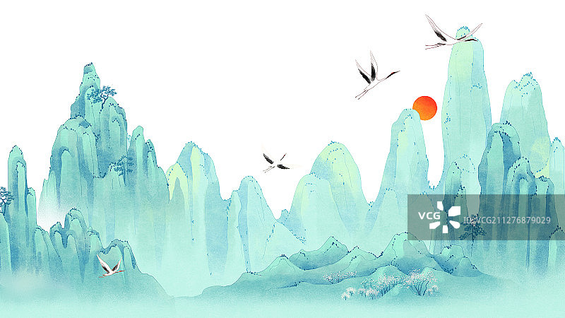 青色山峰间飞舞的白鹤与红日国风插画图片素材