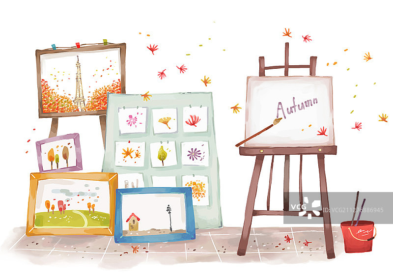 水彩插画的艺术家工作室与画架在秋天图片素材