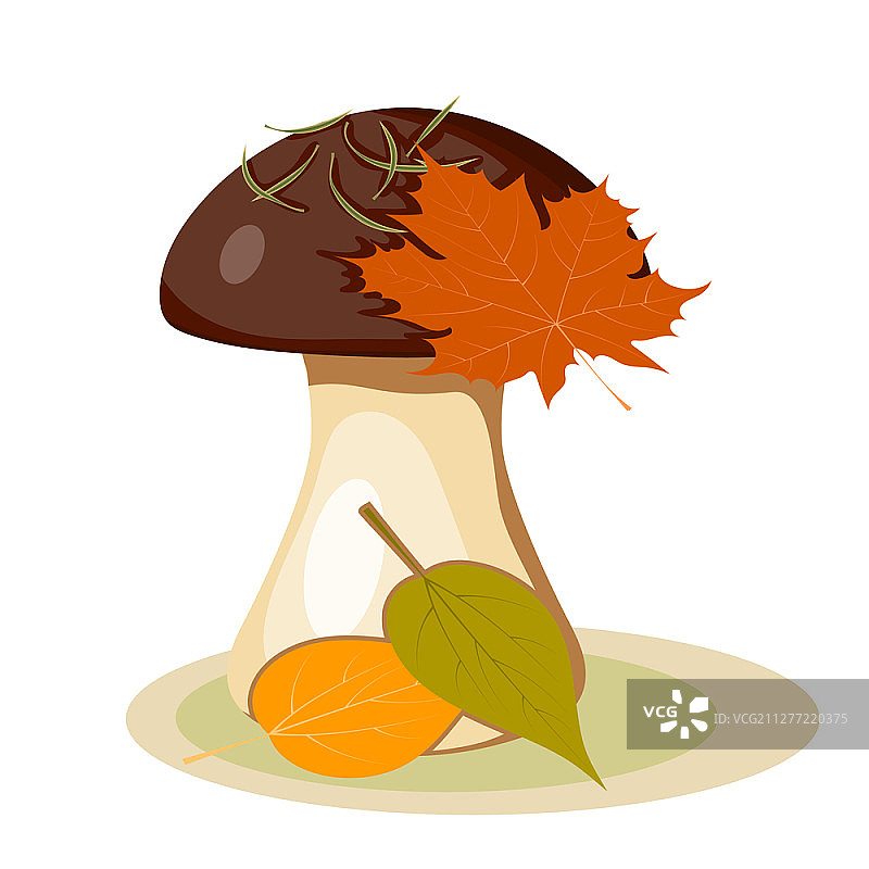 向量插图的抽象森林蘑菇与一个棕色的帽子和白色的茎在白色的背景。卡通风格的食用蘑菇从松针和树叶。秋天和森林的礼物。季节性蘑菇采摘图片素材