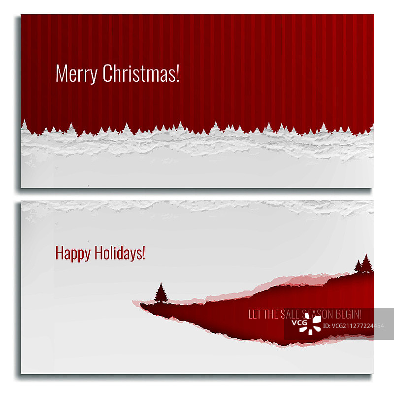 圣诞快乐水平横幅在红色和白色撕纸设计现实孤立矢量插图。圣诞标语设置图片素材