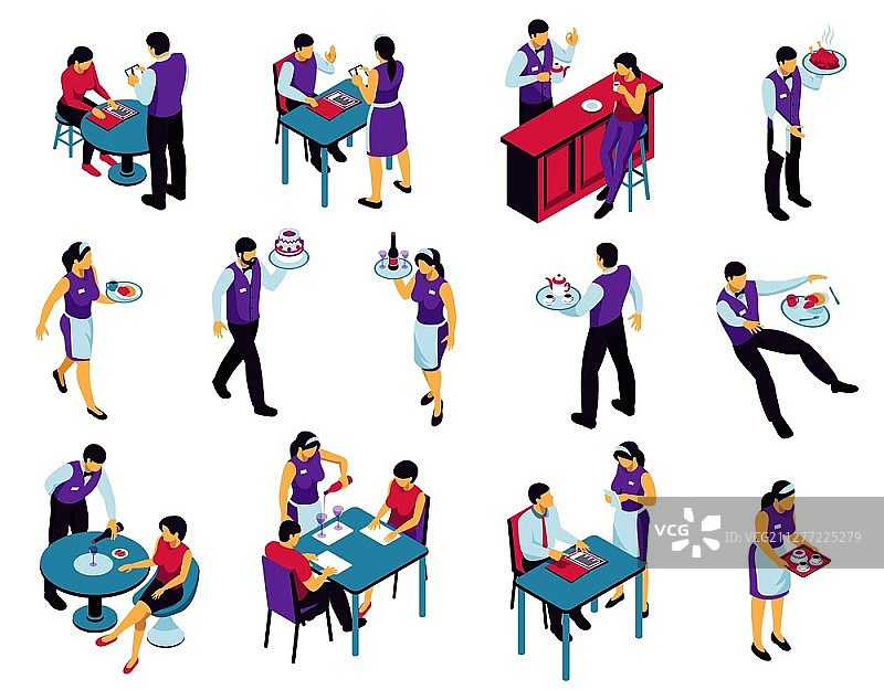 等距餐厅服务员设置与人参加咖啡馆和服务员字符在统一矢量插图孤立的图像图片素材