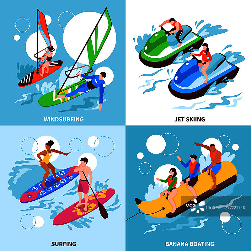 水上运动2x2设计概念组风帆、喷气滑雪、香蕉划船和冲浪方形图标等等角矢量插图图片素材