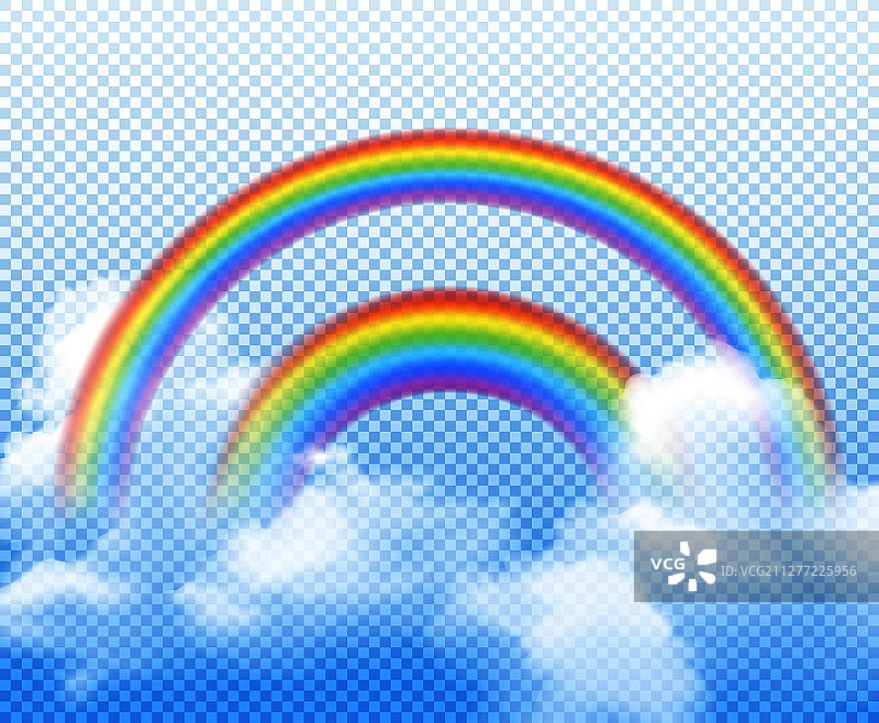 双彩虹从不同的半圆与白云真实构成透明背景矢量插图图片素材