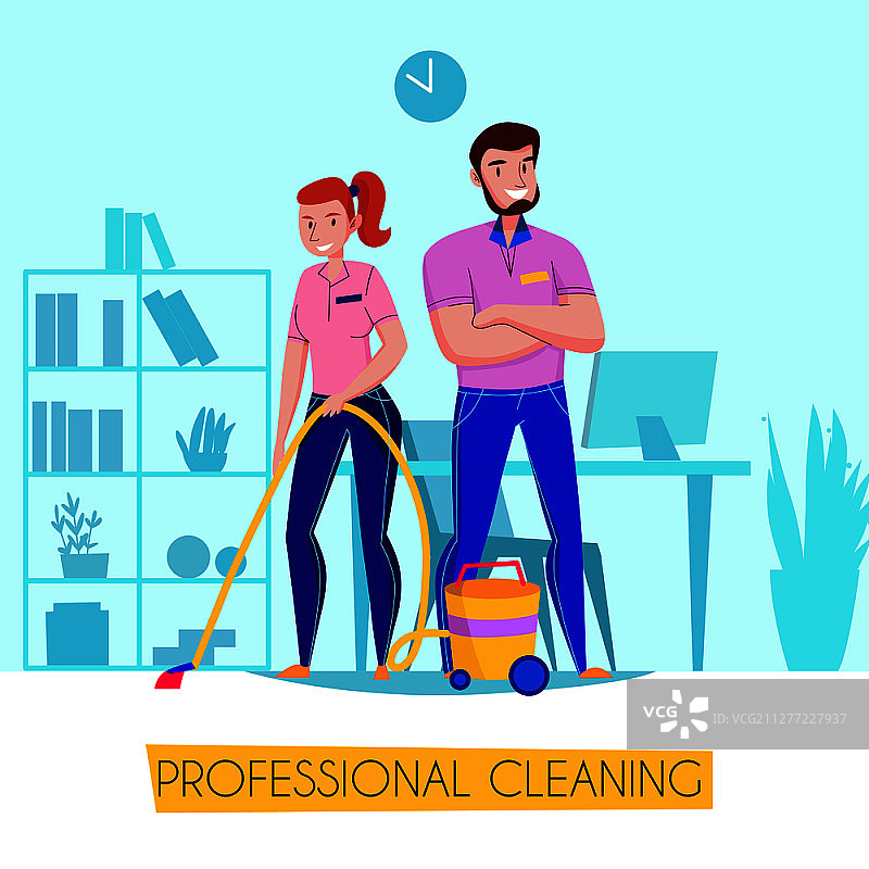 专业保洁服务平面广告海报配团队在客厅统一吸尘地板矢量插画图片素材