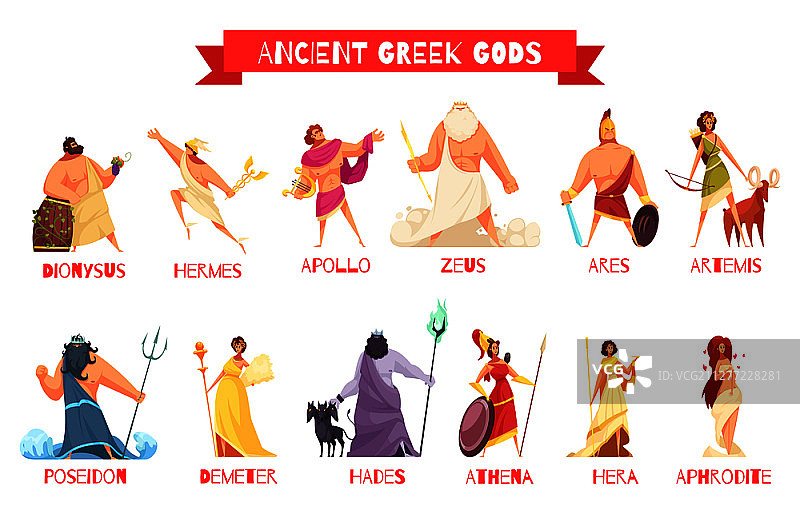 古希腊众神2个横向卡通人物以狄俄尼索斯宙斯波塞冬阿芙罗狄特阿波罗雅典娜矢量插画图片素材