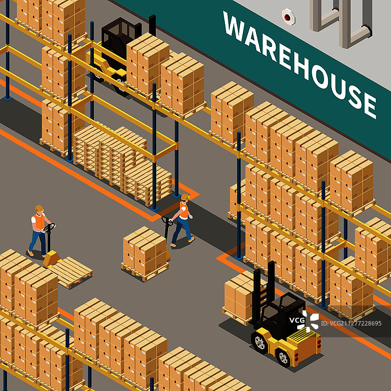 仓库货架与纸箱叉车和两个工人三维等距孤立矢量图图片素材