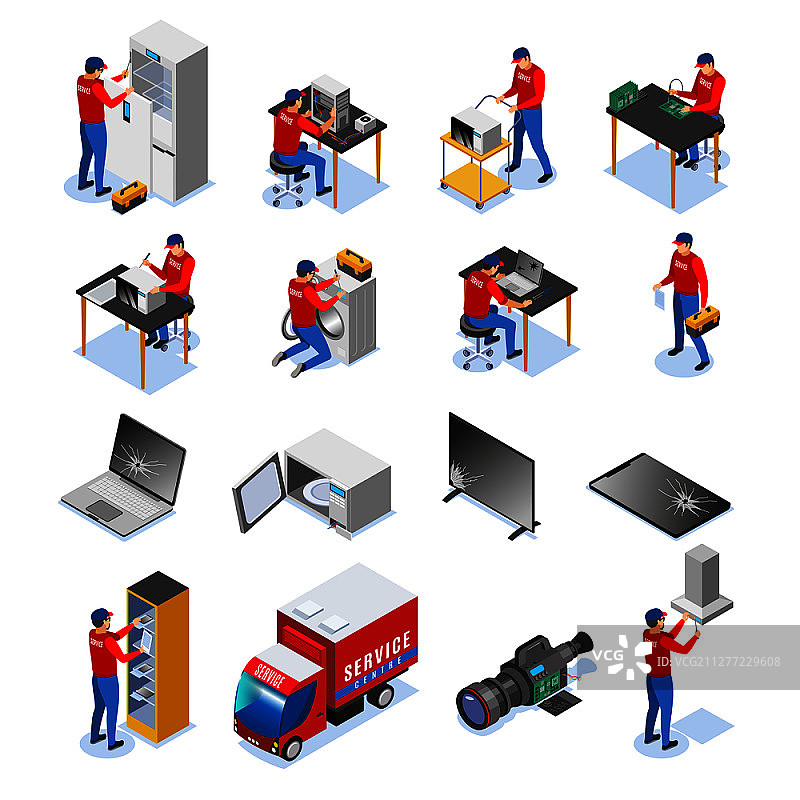 电脑平板电脑音频电子设备家用和商用电器维修服务中心等距图标设置矢量插图图片素材