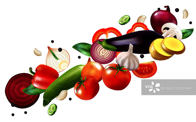 真实的飞行蔬菜组成在空白背景与片成熟和切片水果在运动矢量插图图片素材