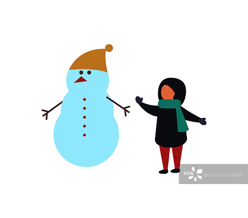 胡萝卜鼻子雪人和小孩儿筑雪矢量人。寒假和小朋友的活动。冰人物手，树枝和帽子。胡萝卜鼻子雪人和小孩矢量图片素材