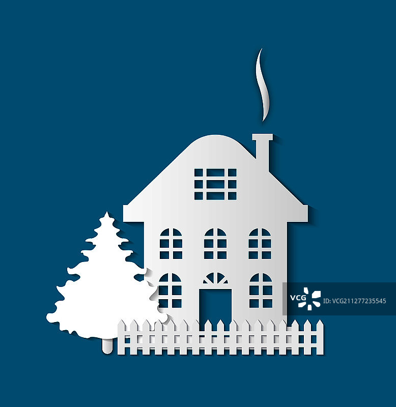 房子剪影，三层住宅。住宅房地产建筑图标孤立在蓝色。家庭剪纸图标与烟囱，篱笆和云杉。房子剪影，三层住宅住宅图片素材