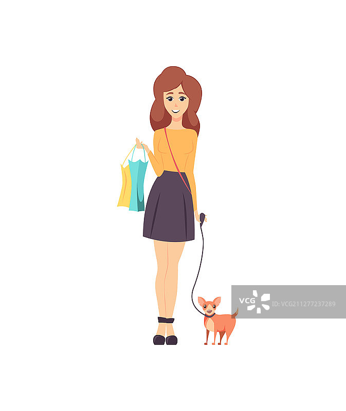 女购物狂与宠物狗向量行走。女顾客购物回来，带着纸袋，肩上挎着手提包。顾客购买。女购物狂与宠物狗Vector散步图片素材
