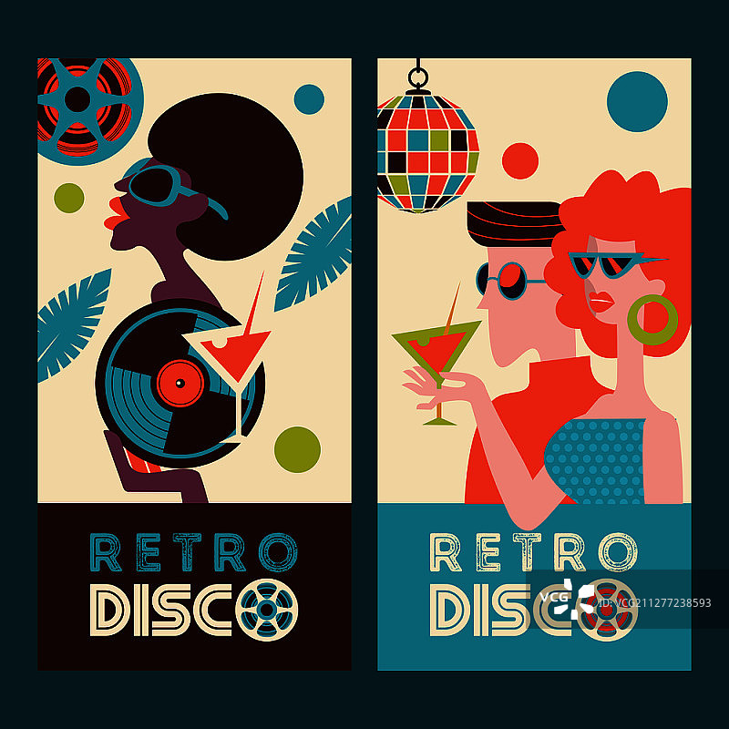 复古的迪斯科舞会。一幅彩色海报，一幅复古风格的海报。漂亮的黑女孩戴着墨镜，还有黑胶唱片。一对在迪斯科舞厅的男女。图片素材