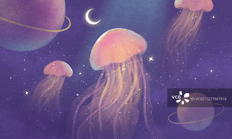 遨游深海星际的水母横图图片素材