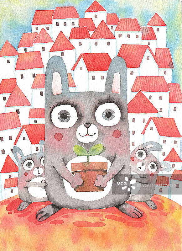 水彩插画兔子镇抱着花盆的灰兔图片素材