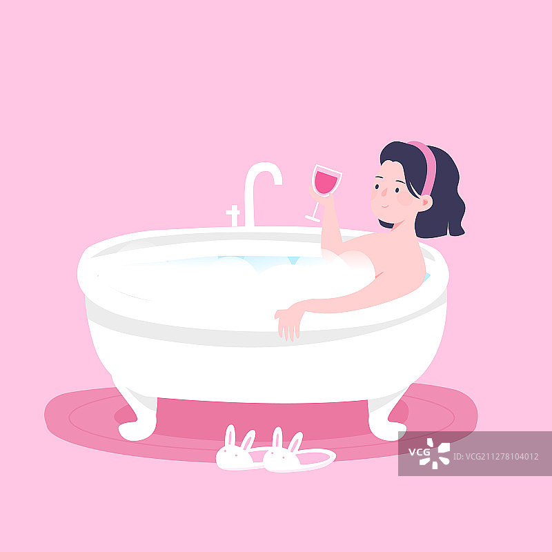 女孩洗澡沐浴养生享受生活健康购物节促销活动矢量插画图片素材