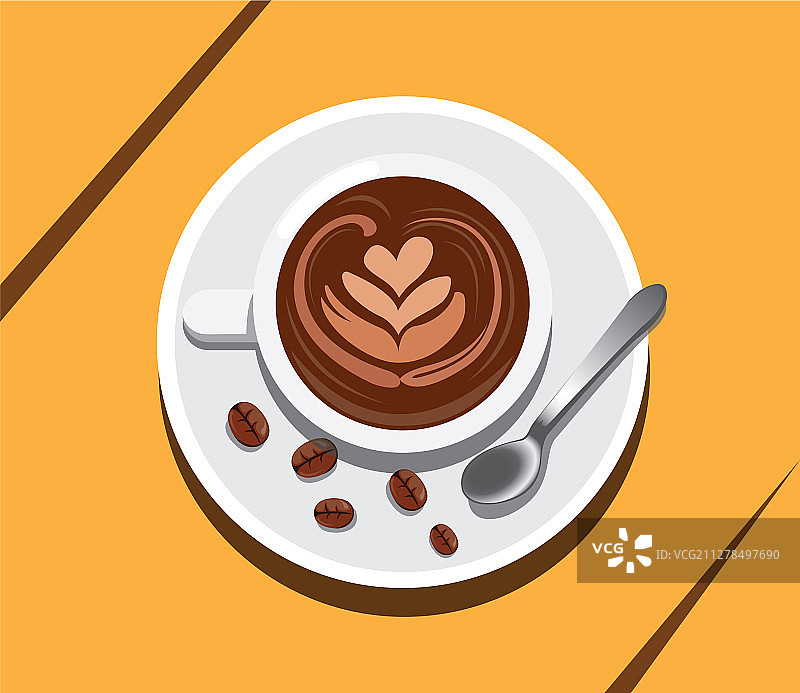 用咖啡豆和勺子制作的杯式咖啡拿铁艺术图片素材