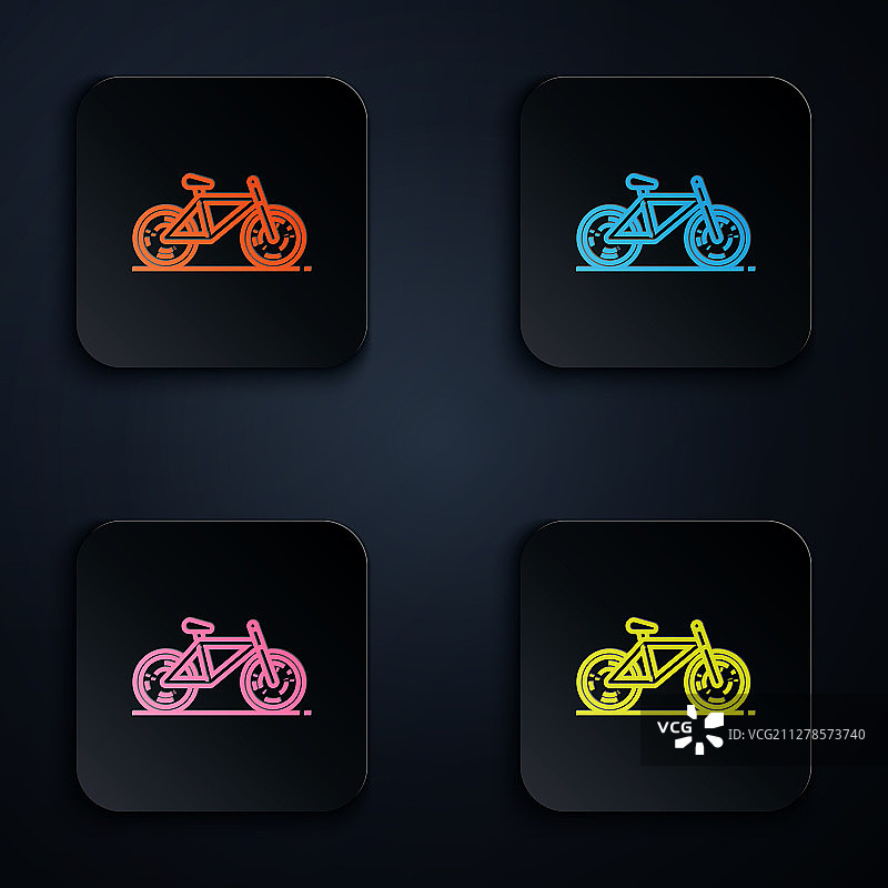 彩色霓虹线自行车图标孤立在黑色图片素材