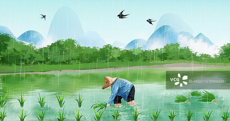 谷雨节气手绘插画插秧的农民图片素材
