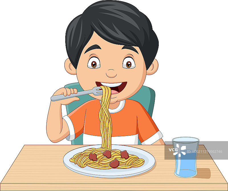 卡通小男孩在吃意大利面图片素材