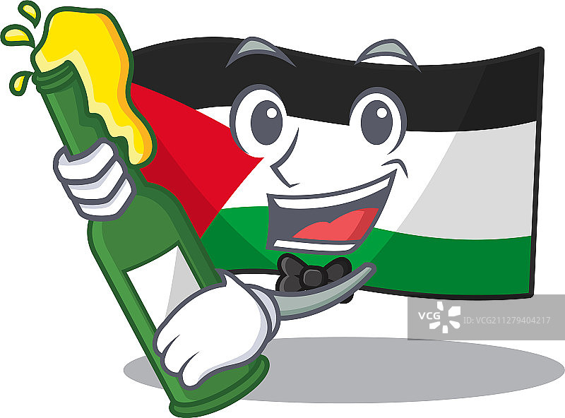 印有瓶装啤酒吉祥物的巴勒斯坦国旗卷轴图片素材