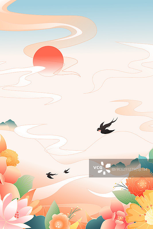 自然风光中国风装饰画传统国风花卉背景矢量插画图片素材