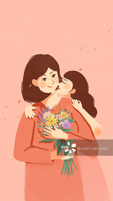 母亲节女儿亲吻捧花的母亲温馨扁平插画图片素材