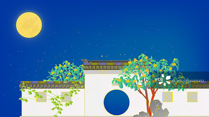 中秋月圆桂花飘香的中国风插图图片素材
