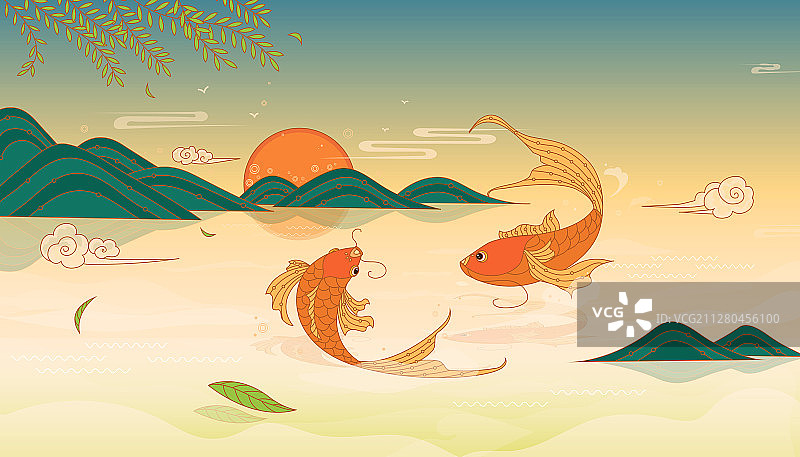 锦鲤在湖泊中跳跃中国风插画-矢量图片素材