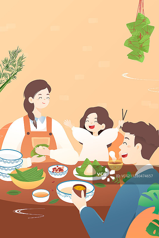 卡通端午节包粽子家人传统节日习俗中国风背景矢量插画图片素材