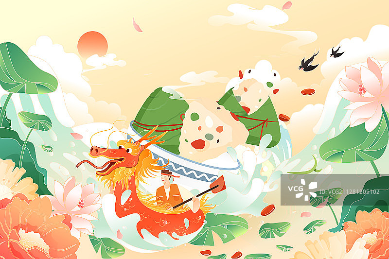 卡通端午节粽子赛龙舟划船中国风传统节日习俗背景矢量插画图片素材