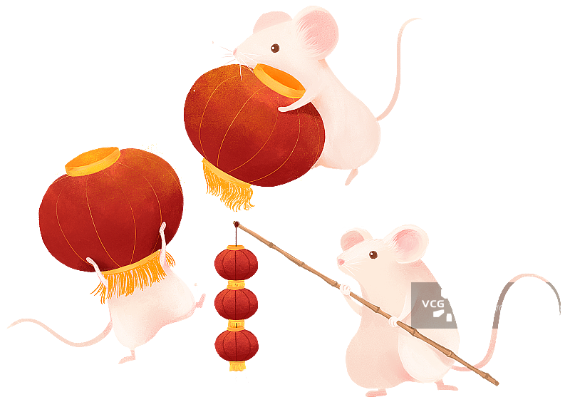 百鼠闹春之玩耍红灯笼的三只小老鼠图片素材