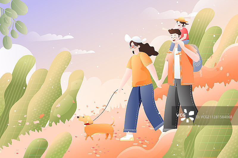 夏季一家三口家人亲子游出游旅行踏青户外自然风景矢量插画图片素材