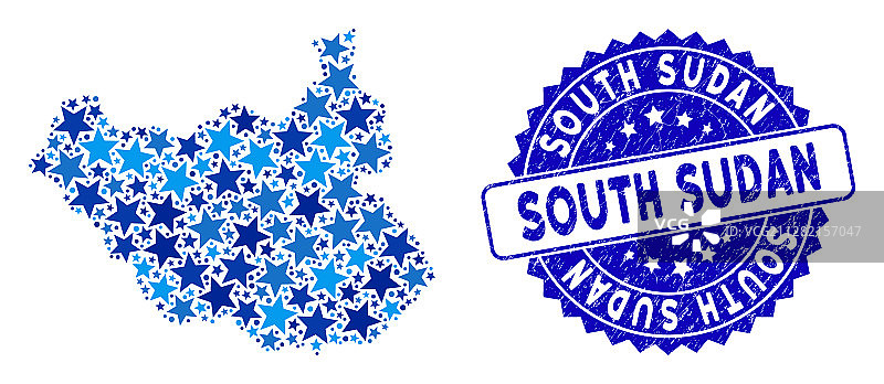蓝星南苏丹地图拼贴和垃圾印章图片素材