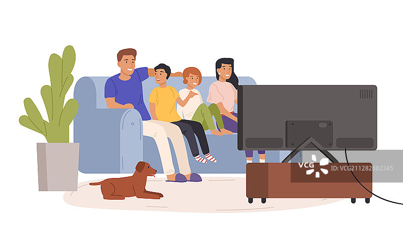 幸福一家人一起看电视平图片素材