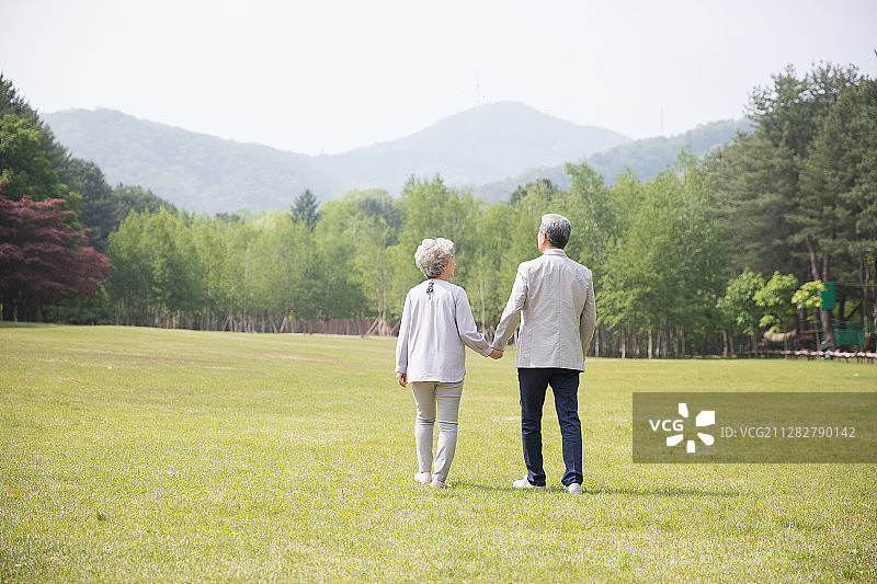 老年夫妇手牵着手在草坪上行走的照片图片素材