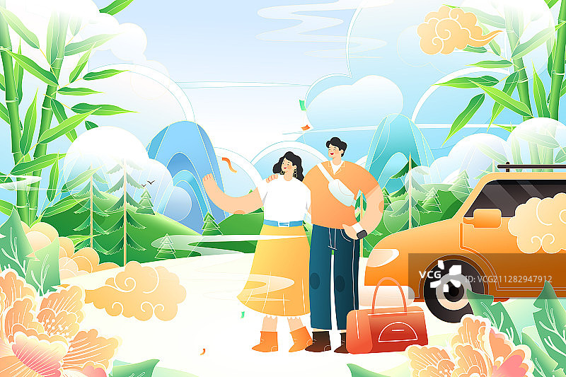 夏季家人朋友情侣出游旅行踏青汽车自驾游风景中国风渐变矢量插画图片素材