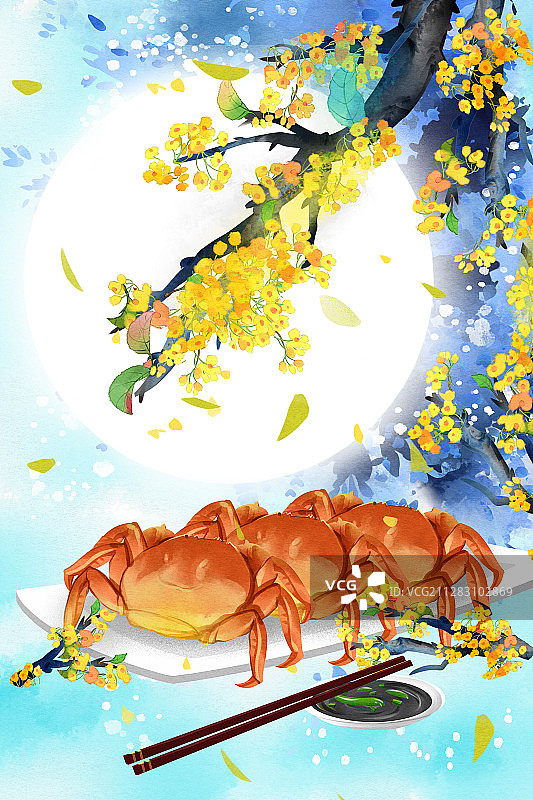 中国传统节日中秋节吃螃蟹插画图片素材