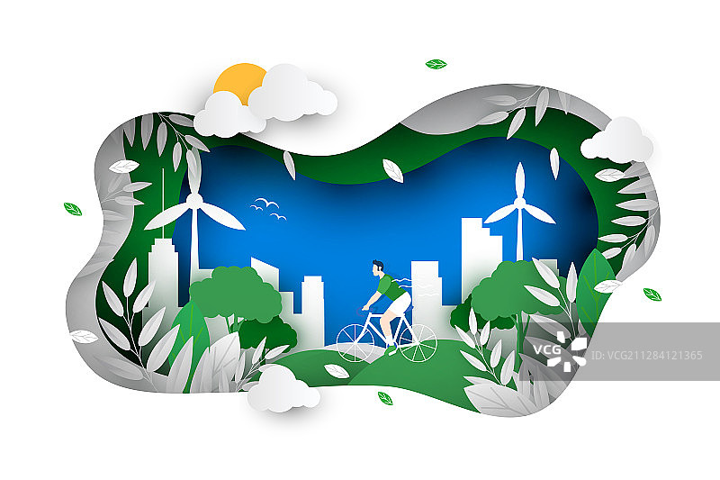 卡通环保生态大自然绿化环境保护低碳生活方式风景剪纸风矢量插画图片素材